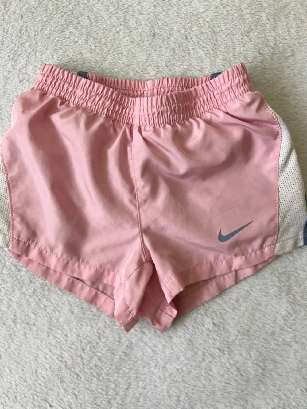 Nike Girls Light Pink Athletic Shorts with Gray Swoosh